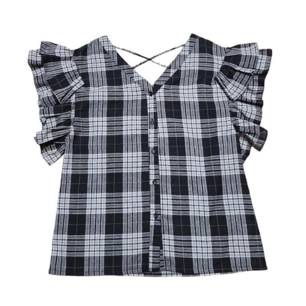 Symphony Ruffle Sleeve Button Down Black Plaid Short Sleeve Shirt Size S